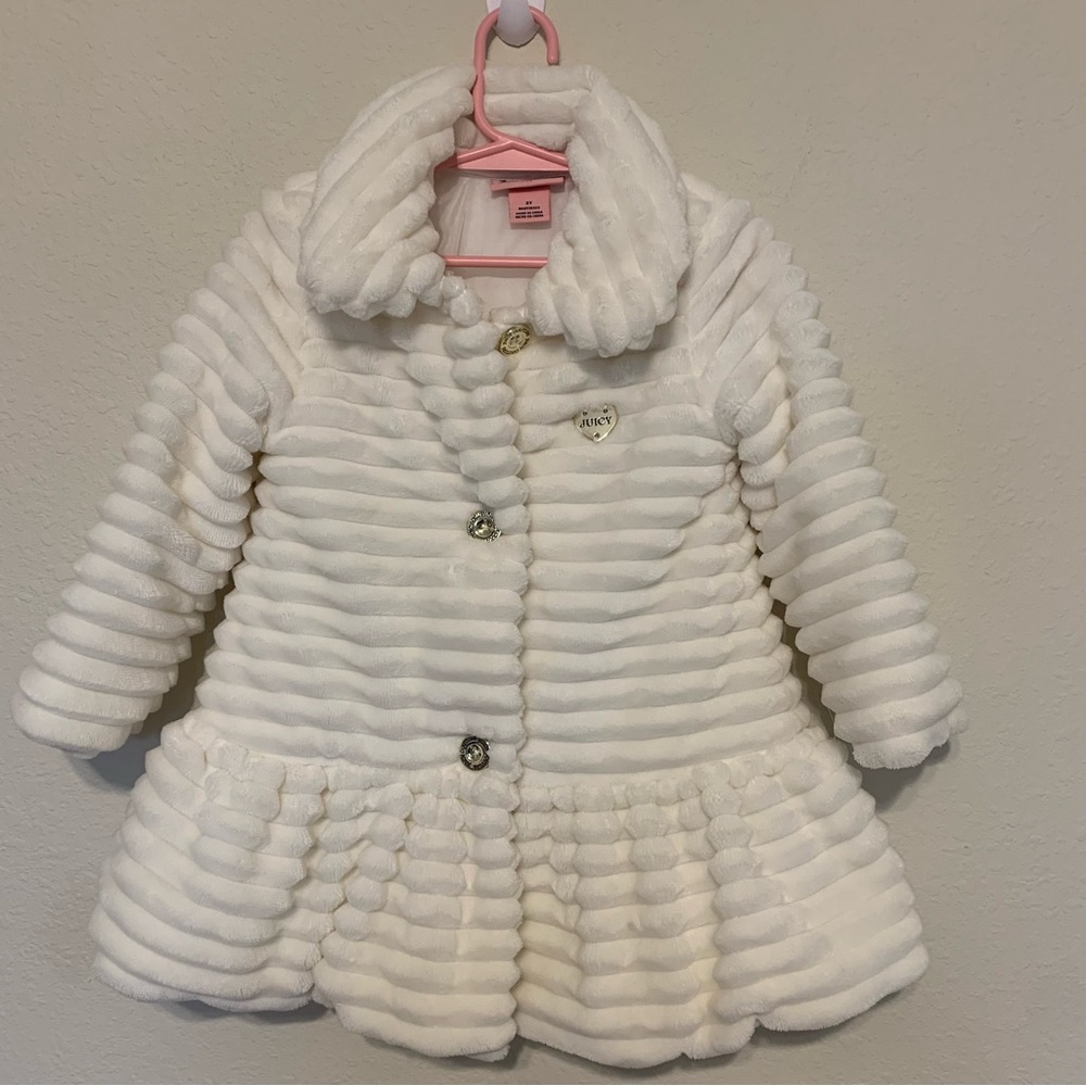 Juicy Couture‎ White Kids Pea Coat Faux Fur Cozy Washable Festive Christmas